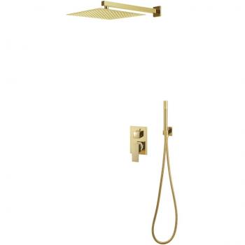 Sistema de ducha de acero inoxidable dorado 201 con acabado en oro, resistente a la corrosión, diseño moderno y elegante, incluye cabezal de ducha de lluvia, grifería monomando y manguera flexible