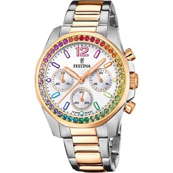Reloj Festina Rainbow F20608/2 para Mujer, Analógico, Esfera Blanca, Correa de Acero Plateado