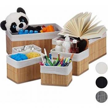 Set de 6 Cestas de Almacenaje de Bambú, Cuadradas y Rectangulares, con Funda de Tela, Organizador Natural - Relaxdays