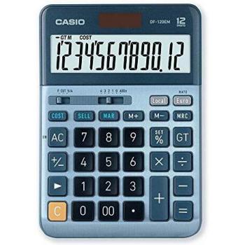 Casio DF-120EM Calculadora de Sobremesa con Pantalla Extragrande de 12 Dígitos y Funcionamiento Solar/Pilas en Color Azul