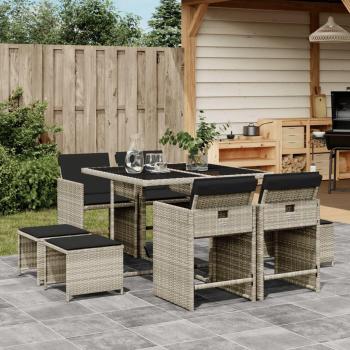 Set comedor de jardín 9 piezas con cojines de ratán sintético gris claro