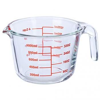 Vaso Medidor de Cristal Relaxdays 1 Litro, Resistente al Calor, Apto para Microondas, Escala en ml, oz y Cups, Transparente