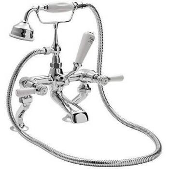 Grifo Mezclador Tradicional para Bañera con Ducha de Mano y Manijas de Palanca - Cromo y Blanco - Elizabeth
