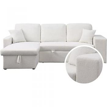 Sofá Rinconera Convertible/Reversible de Tela Bouclette Axel - 3 Plazas - Blanco