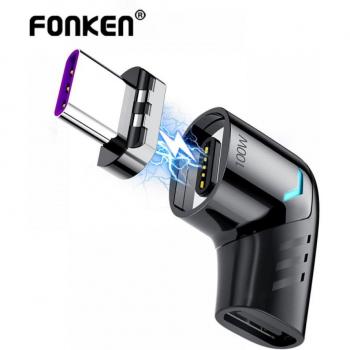Adaptador Magnético FONKEN 100W USB C Tipo C Masculino a Tipo C para Xiaomi Mi 9 y Redmi Note 10, Conector de Carga Rápida Negro