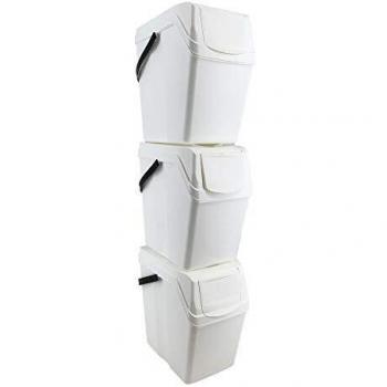 Juego de 3 cubos de basura / reciclaje con capacidad de 75 litros total, en color blanco, con asas