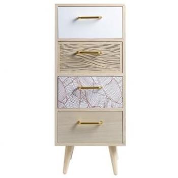 Cómoda Estrecha de Madera con 4 Cajones Estilo Boho y Ahorro de Espacio, Color Marrón Claro y Blanco