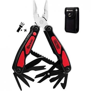 Bibury Multitool 14 en 1 Alicates multiherramientas con abrelatas, tijeras, luz, tamaño bolsillo EDC Multi herramienta con bolsa de nailon para pesca, actividades al aire libre, camping, color negro