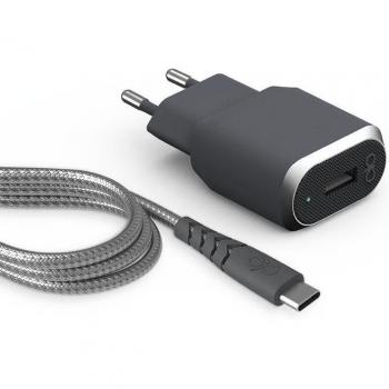 Cargador de Pared con Puerto USB-A 2.0 y USB-C, Cable Micro USB Incluido, Longitud 1.2m, Color Gris Plateado