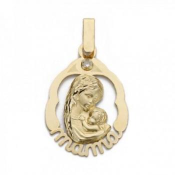 Colgante de oro 18k madre e hijo 23mm con palabra MAMÁ y detalle circonita cerco.