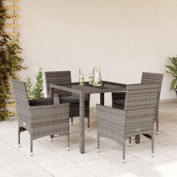 Set de almuerzo de jardín de 5 piezas con cojines de Polyrattan y vidrio gris