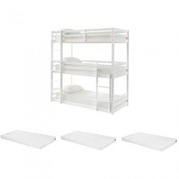 Litera triple 3 x 90 x 200 cm de pino blanco con colchón VAGAR