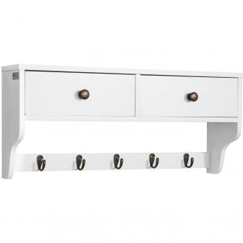 SoBuy FRG178-W,ES Moderna Estantería de Pared, Perchero, Estante de Pared, Estante, con 5 Ganchos y Dos Cajones,Blanco