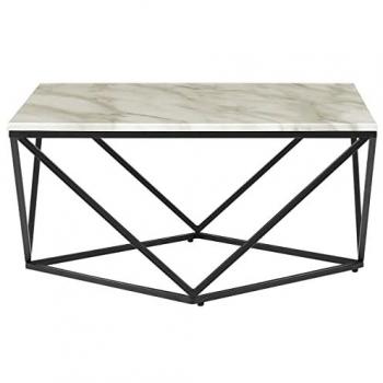 Mesa de Café Beige con Efecto Mármol y Base de Metal Negro 80 x 80 cm Diseño Glamuroso