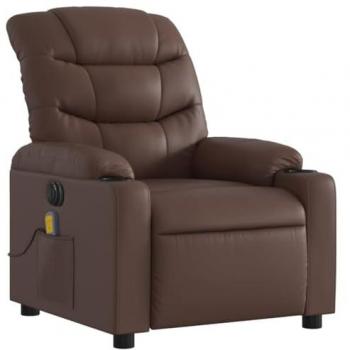 Sillón de masaje reclinable eléctrico en cuero sintético marrón con respaldo ajustable, diseño orejero, ideal para personas mayores