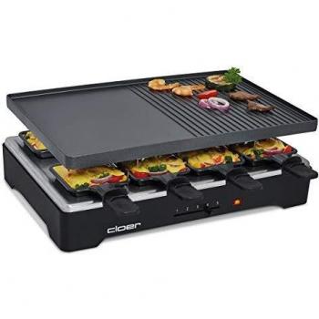cloer 6446 Parrilla de raclette con Placa de Aluminio Fundido a presión, utilizable por Ambos Lados, 1200 W, 8 sartenes antiadherentes, Negro