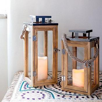 Lights4fun Farolillo Grande de Madera de 34 cm con Vela LED a Pilas y Asa de Cuerda