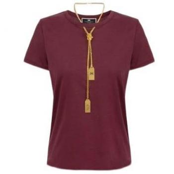 Elisabetta Franchi Burgundy Jersey T-Shirt with Necklace for Women, Size 40