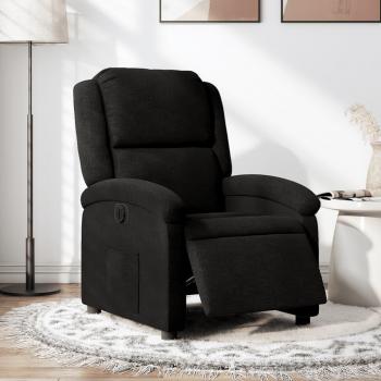 Sillón eléctrico reclinable negro en tela con mecanismo de reclinación eléctrica, tapizado en tela suave y resistente, estructura robusta, reposabrazos acolchados, función de elevación para facilitar el asiento y dimensiones adecuadas