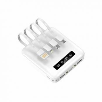 Powerbank AKASHI 10000 mAh con Cables Universales USB-C, Micro-USB y Lightning Blanco