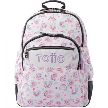 Mochila Escolar Totto Crayoles Rosa con Diseño de Arcoíris y Color Blanco