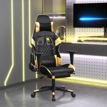 Silla gaming con reposapiés de cuero sintético negro y dorado