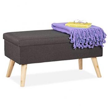 Baúl Almacenamiento Banco Acolchado con Patas de Madera y Funda de Tela, 39x77x39cm, Gris Oscuro - Relaxdays