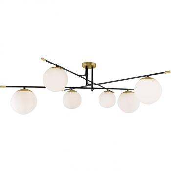 Lámpara de techo Maytoni Nostalgia, 6 luces, color oro mate, con pantallas de globo de cristal blanco