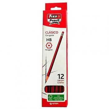 Fixo Pencil. 33151 Caja de 12 Lápices Clásicos HB con Goma, Forma Hexagonal, Certificado FSC.