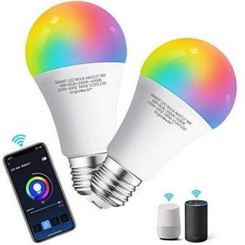 Aigostar 2 Pack Bombilla LED inteligente WiFi A60, 9W, E27 casquillo gordo, RGB + CCT. Regulable multicolor + luz cálida o blanca 3000 a 6500K, 800lm. Compatible Alexa y Google Home, energética A+