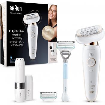 Depiladora Eléctrica Braun Silk-epil 9 con tecnología de pinzas MicroGrip, cabezal flexible, función de masaje para mayor comodidad, uso en seco y húmedo, luz Smartlight para ver vellos finos,