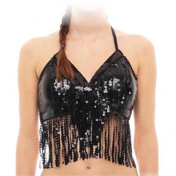 Top de Lentejuelas Negro con Flecos para Adulto