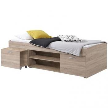 Cama Carlo 90x200 con almacenamiento y estructura de melamina en color roble