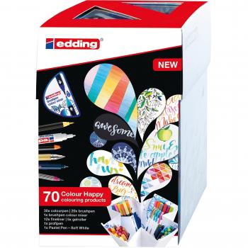 edding Colour Happy Big Box, Juego Grande de 70, Rotuladores Punta de Pincel, Bolígrafo Tinta Liquida, Marcador Pastel, Mezclador Colores Graduales, Dibujar, Pintar, Caligrafía, Diarios de Viñetas