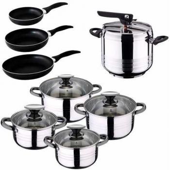 San Ignacio -  Batería de cocina 4 cacerolas 4 tapas de vidrio 1 Olla exprés 7 litros y 3 sartenes 16/20/24, Acero inoxidable, inducción