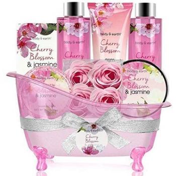 Body & Earth Set de Regalo de Baño con Bañera de Plástico, Set de Baño y Ducha de 8 Piezas con Fragancia Cerezo y Jazmín