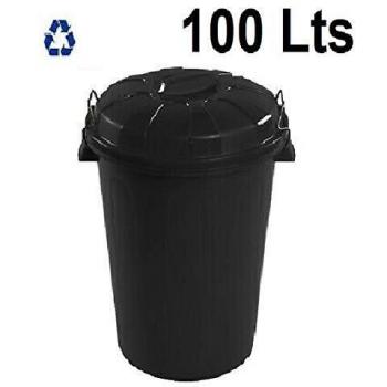 Plastiforte Cubo de Basura con Tapa 100 litros Basurero Negro Asas de Presión