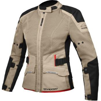 Ixon Chaqueta textil de moto para mujer M-NJORD Arena-Negro-Rojo, características: diseño ergonómico, material resistente al desgaste, forro impermeable y transpirable, protecciones CE en hombros y codos,