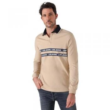Polo de Manga Larga para Hombre Lois Jeans, Cuello Jacquard con 2 Franjas Beige, Casual, 100% Algodón, Fabricado en España