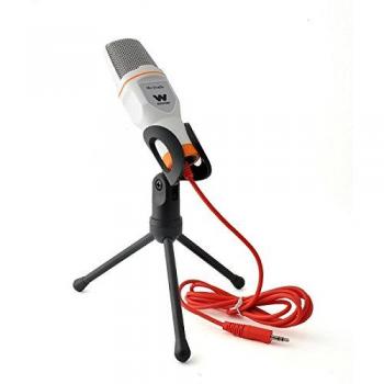 WOXTER Mic Studio White - Micrófono Condensador Profesional para Ordenador. Entrada: 3.5mm, trípode Ajustable en inclinación V/H, Blanco.