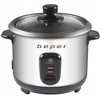 Beper - Olla Arrocera y Vaporera de Acero 2 en 1, Capacidad 1 L para 625 gr de Arroz, Sistema de Mantenimento del Calor, Medidor y Cuchara para el Arroz, Plata y Negro