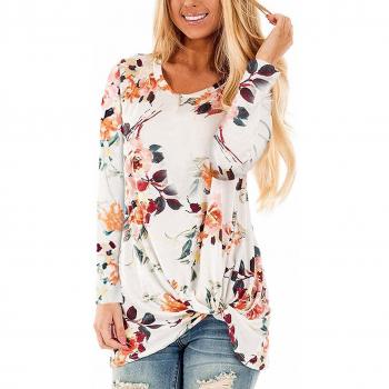 Martiount Camiseta Manga Larga Mujer Camisa Basica Blusa con Cuello Redondo Casual Shirt Manga Larga Elegante Lady Tops Side Twist Knotted Suéter Flower XXL