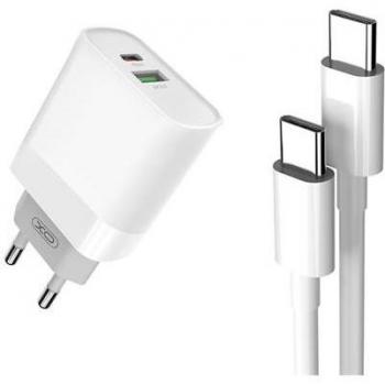 XO L64 Pack Cargador de Corriente Rápida con 1x USB-A, 1x USB-C 18W QC3.0 + PD y Cable USB-C a USB-C de 1m