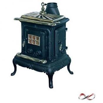 Estufa de leña Parlor Small 6 kW de hierro fundido con detalles en latón