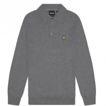 Lyle & Scott Men's Extra Large Grey Cotton Merino Long Sleeve Knitted Polo Shirt