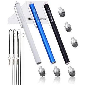 The Friendly Swede Stylus Pen Bundle with Replaceable Micro-Knit Mesh Tips, Lanyards, Cleaning Cloth and Replacement Nibs (3 Pack, Black/White/Dark Blue)