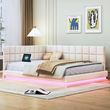 Sofá Cama Multifuncional 140x200cm con Iluminación LED, Puerto USB y Estructura de Lamas en Terciopelo Beige