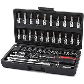 Wopeite Juego de 46 vasos para llave de carraca Acero al cromo vanadio Vasos de carraca Adaptador de 1/4 Portapuntas Puntas PH y PZ Maletín