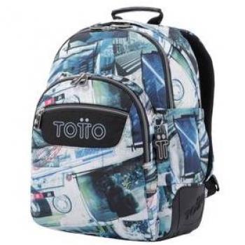 Mochila escolar Totto Rayol color 4HV con diseño de postales y casetes, material resistente, compartimentos múltiples, correas ajustables y respaldo acolchado