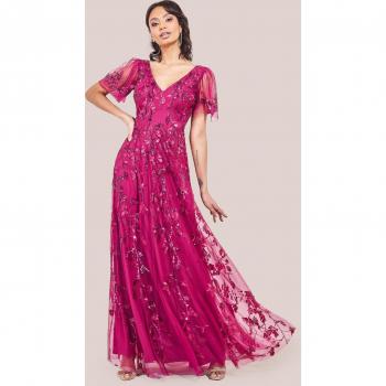 Embroidered Magenta Flared Sleeve Maxi Dress